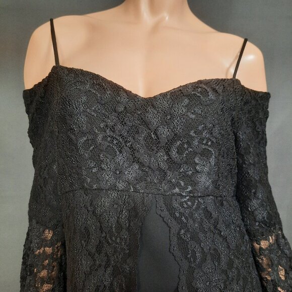 Gothic Witchy Medieval Maxi Dress M Long Bell Sleeves Black Lace Evening Wedding - Picture 2 of 12